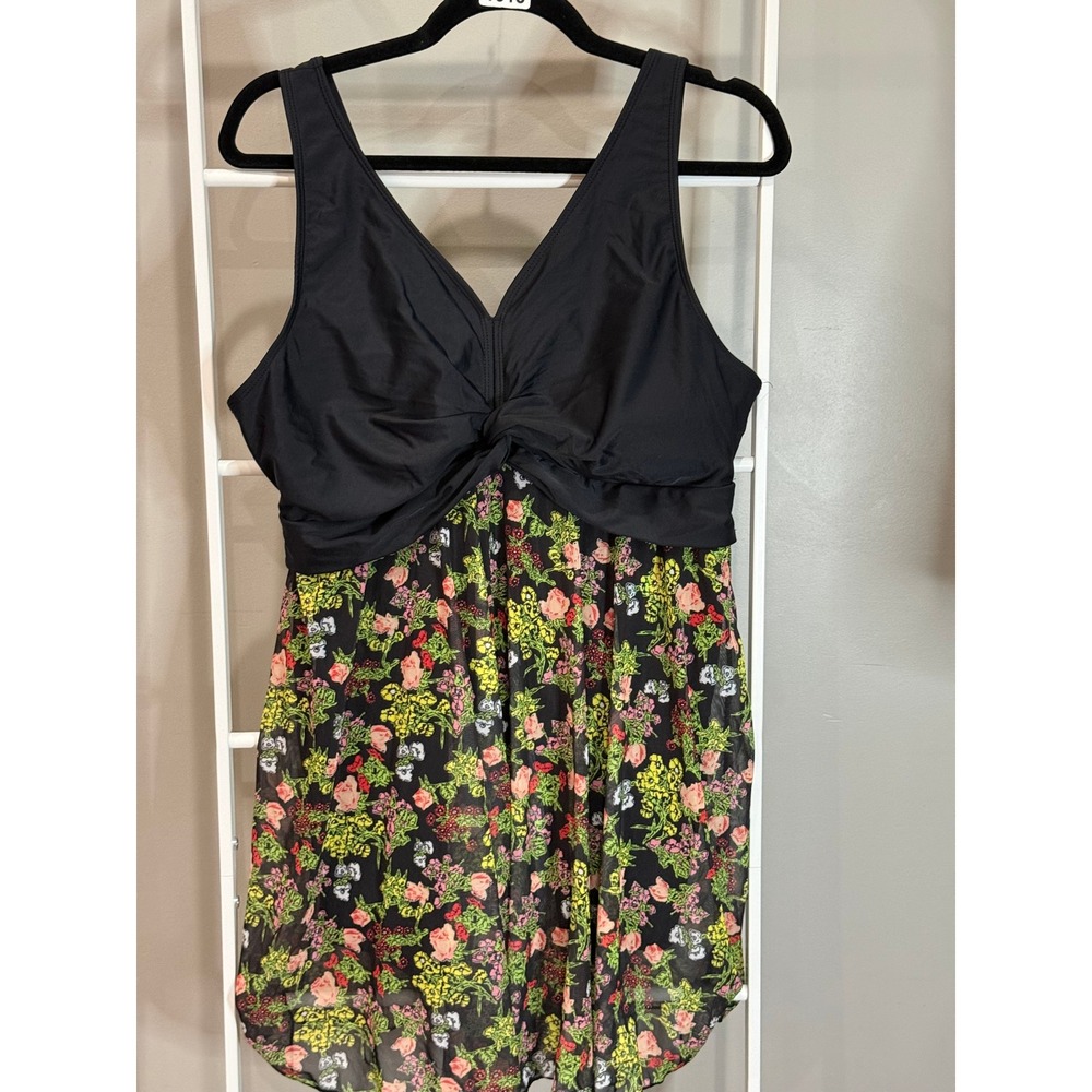 Summer Mae Women XL Black Floral Twist Front Mesh Swim Dress Modest Retro Floral